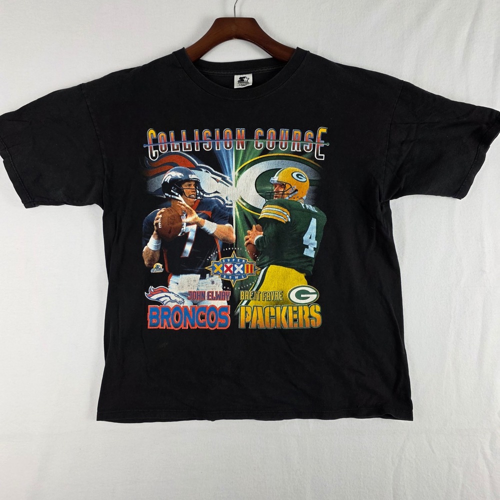 Vintage 1998 Starter Super Bowl XXXII Collision Course Elway Favre T-Shirt L